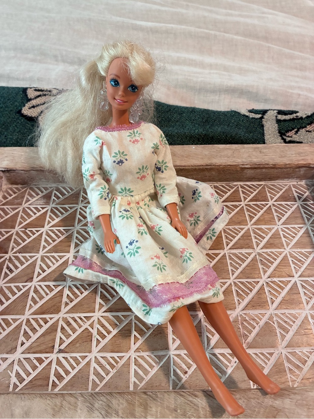Blonde 70s Barbie in Cream Floral Dress